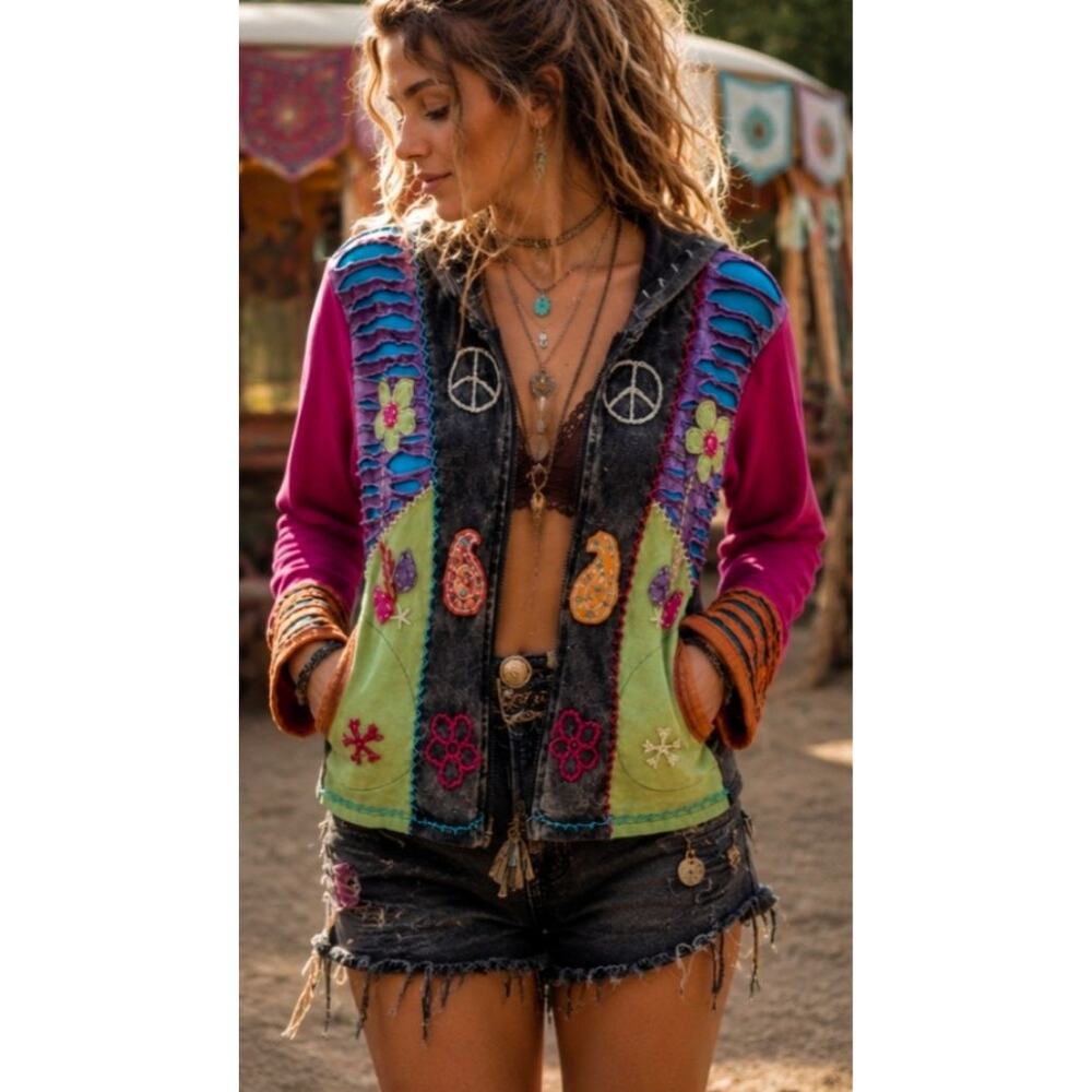 NEW Patchwork Peace Sign Paisley Hippie ZipUp Jacket sz S Festival Boho Cochella